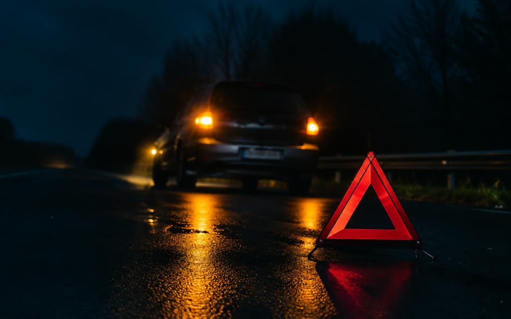 Triangolo di emergenza sull'asfalto bagnato di notte, con un'auto ferma