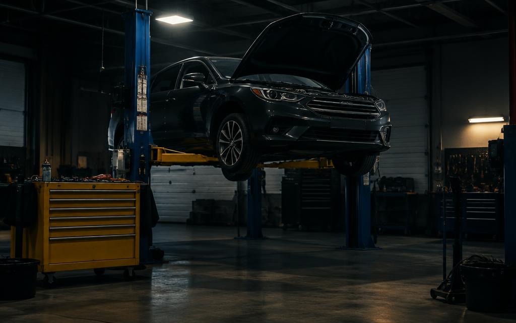 Auto sollevata sul ponte in officina con il cofano aperto